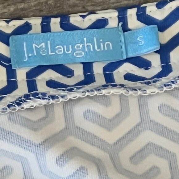 J McLaughlin Sheath Dress Size Small Catalina Cloth Stretch Blue White Geometric - Picture 2 of 8